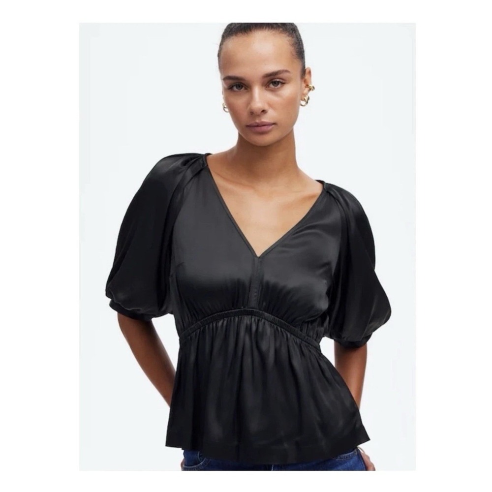 Madewell Shirred Puff-Sleeve Satin Top Large Black Kathleen Witchy Ren Faire